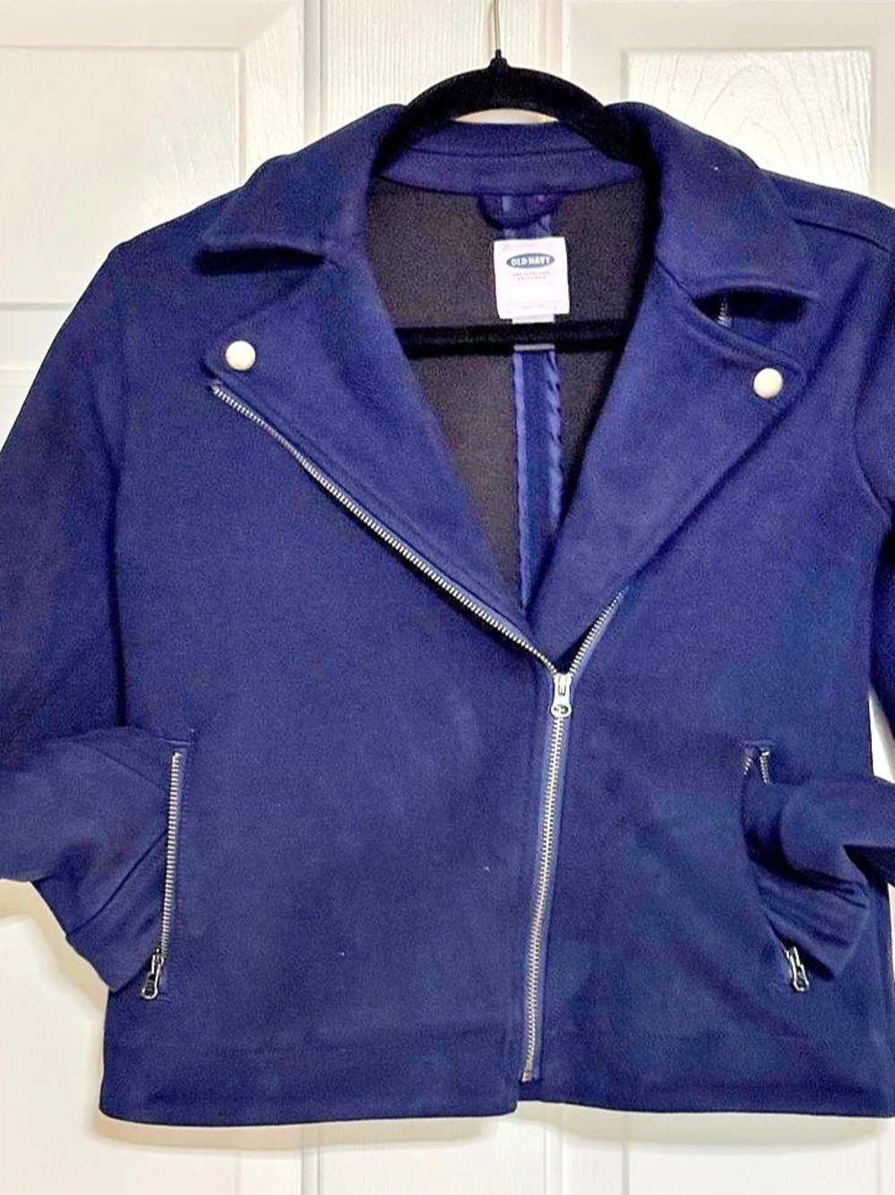 Old Navy Faux Suede Moto Jacket in Blue Size Large